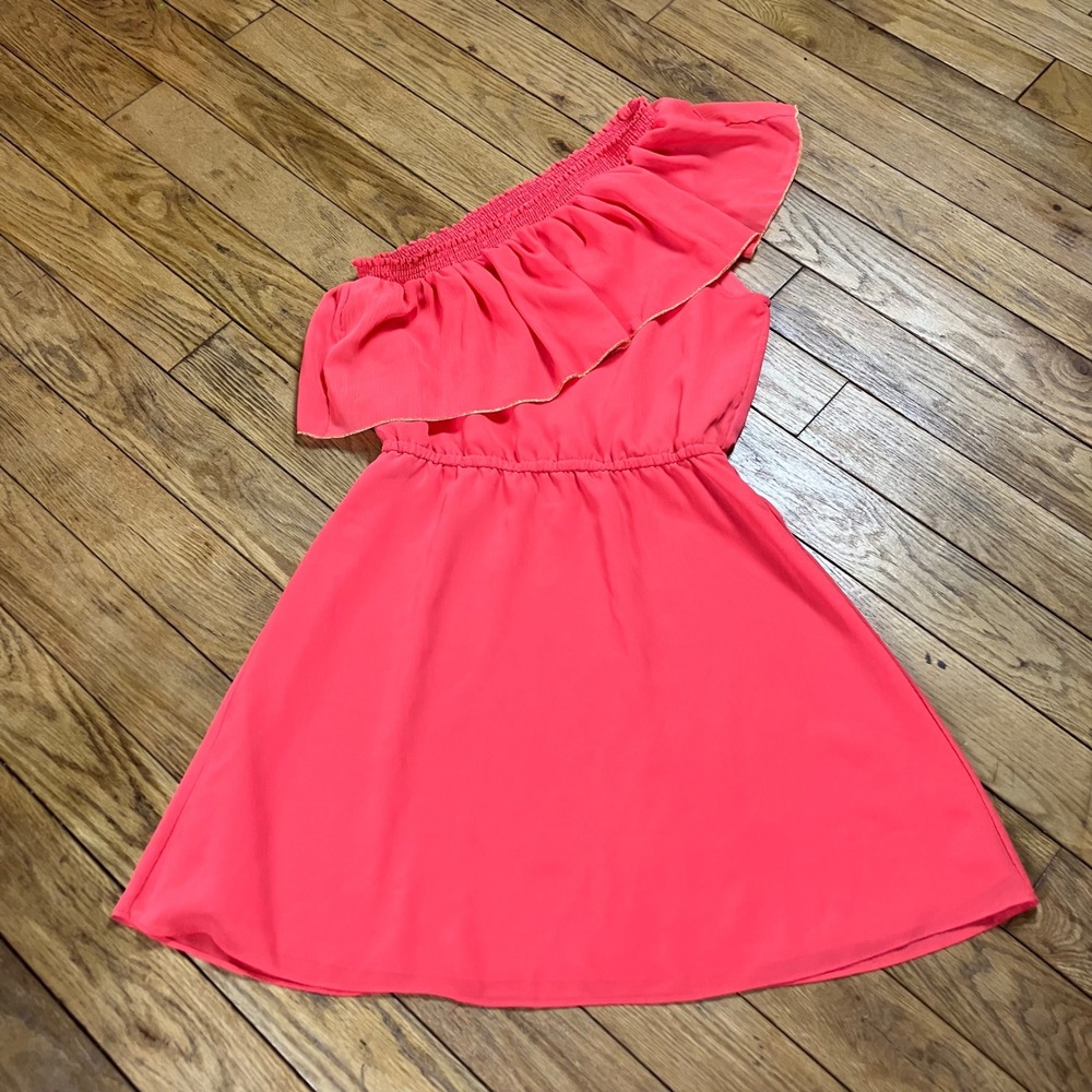 Parker One Shoulder Ruffle Mini Preppy Beachy Dress Coral Pink Gold Trim S‎